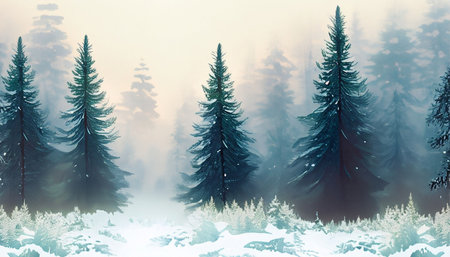 Foggy winter forest with snow covered trees - 3D illustrationの素材