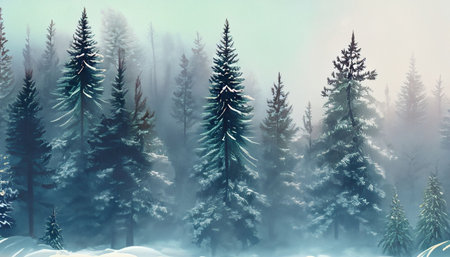 Foggy winter landscape with coniferous forest. Vector illustration.の素材