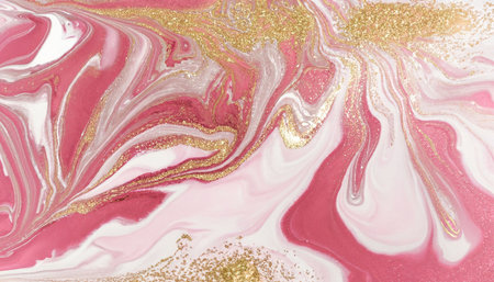 Pink and gold marbling pattern. Golden marble liquid texture. Fluid art.の素材