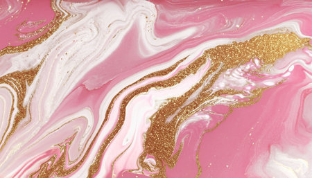 Pink and gold marbling pattern. Golden marble liquid texture. Fluid art.の素材