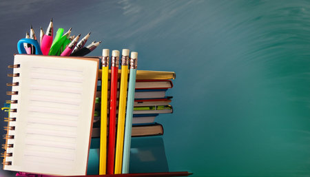 Back to school concept with books, pencils and pens on blackboard backgroundの素材