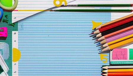 School supplies on a white background. Back to school. Copy space.の素材