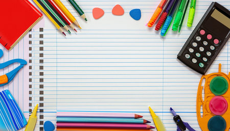 School supplies on a white sheet of paper. Back to school.の素材