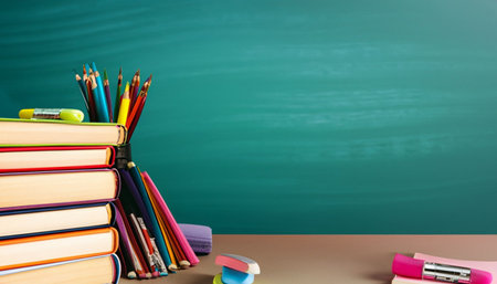 Back to school concept. Stack of books, pencils, eraser and chalkboard backgroundの素材