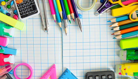School and office supplies on a white background. View from above.の素材