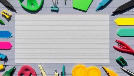 School supplies on a wooden background. Top view. Copy space.の素材