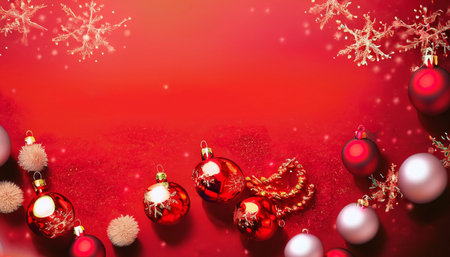 Christmas background with red and white baubles and snowflakesの素材