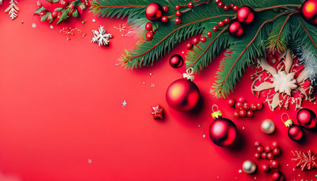 Christmas composition. Christmas tree branches, red balls on red background. Flat lay, top view, copy spaceの素材