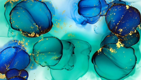 Alcohol ink abstract background. Blue, green and gold liquid texture.の素材