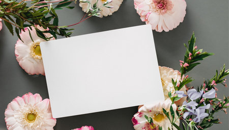 Flowers composition. Greeting card mockup on grey background. Flat lay, top view, copy spaceの素材