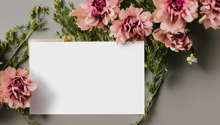 Flowers composition. Blank card mockup on grey background. Flat lay, top view, copy spaceの素材