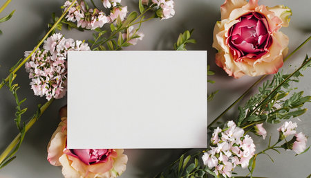 Flowers composition with blank card on grey background. Flat lay, top viewの素材