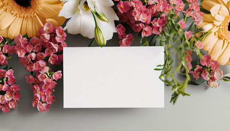 top view of blank card with flowers on grey background, mockupの素材