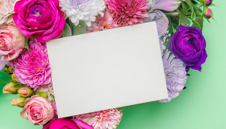 Flowers composition. Frame made of various flowers on pastel green background. Flat lay, top view, copy spaceの素材