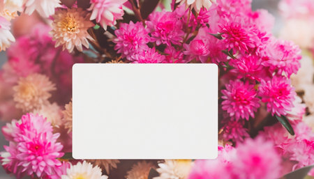Blank card and bouquet of pink flowers. Floral backgroundの素材