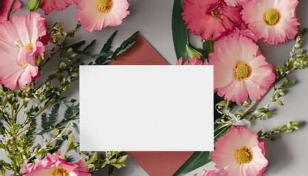 Flowers composition. Greeting card mockup on grey background. Flat lay, top view, copy spaceの素材