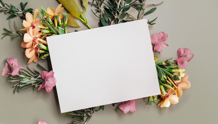 Blank card with flowers on grey background. Flat lay, top viewの素材