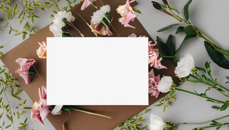 Flowers composition. Greeting card mockup. Flat lay, top viewの素材