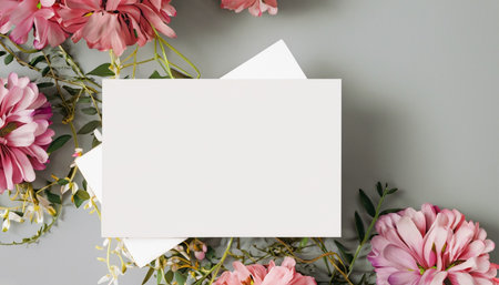 Creative layout made of pink flowers on gray background. Flat lay, top view, copy spaceの素材