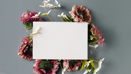 Creative layout made of flowers on grey background. Flat lay, top view minimal concept.の素材