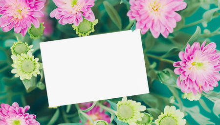 Blank card with pink chrysanthemum flowers on green backgroundの素材