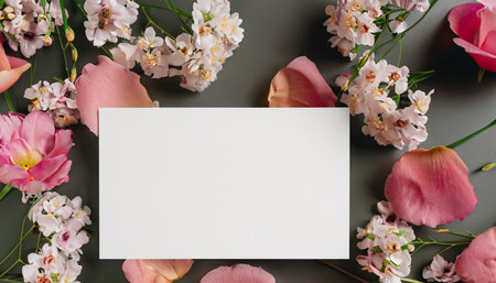 Flowers composition. Frame made of pink flowers and blank card on grey background. Flat lay, top view, copy spaceの素材
