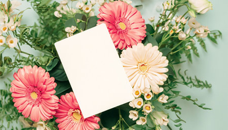 Flowers composition with blank card on blue background. Flat lay, top viewの素材