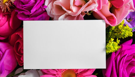 bouquet of pink and purple roses with blank card on white backgroundの素材
