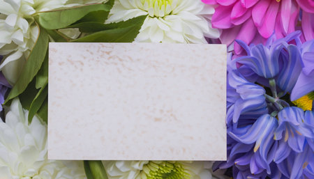 Beautiful flowers background with space for text. Flat lay, top view.の素材