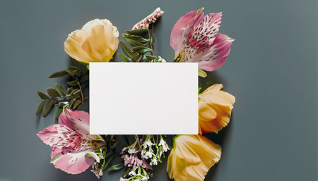Flowers composition. Bouquet of flowers on gray background. Flat lay, top view, copy spaceの素材