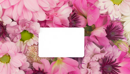 Pink and white flowers with card for your text. Top view.の素材