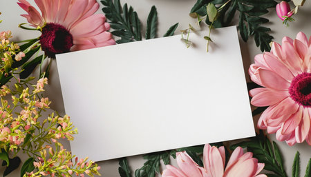 Flowers composition. Frame made of pink flowers, green leaves on white background. Flat lay, top view, copy spaceの素材