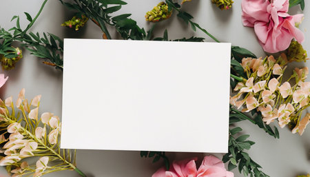 Creative flat lay top view mockup of blank white card with floral frame on grey background with copy space. Template for feminine blog or social mediaの素材