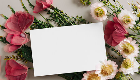 Flowers composition. Frame made of flowers on gray background. Flat lay, top view, copy spaceの素材