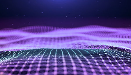 3d rendering of abstract digital landscape with flowing particles. Network connection structure.の素材