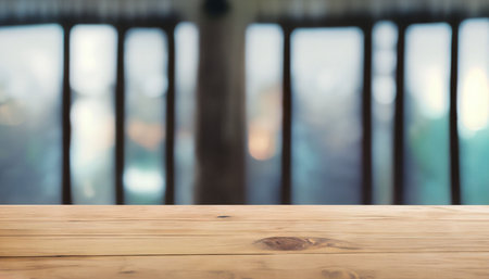 Empty wood table and Coffee shop blur background with bokeh image.の素材