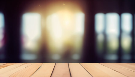 Wood table top on blur background of cafe with bokeh image.の素材