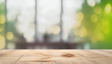 Wooden table top on blur background with bokeh light.の素材