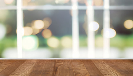 Empty wooden table and bokeh background, product display montageの素材