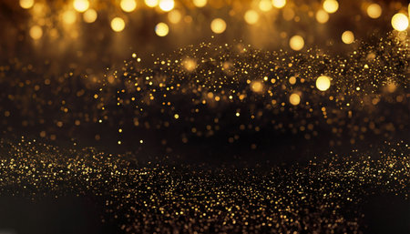 Golden glitter bokeh on black background. Festive Christmas and New Year concept.の素材