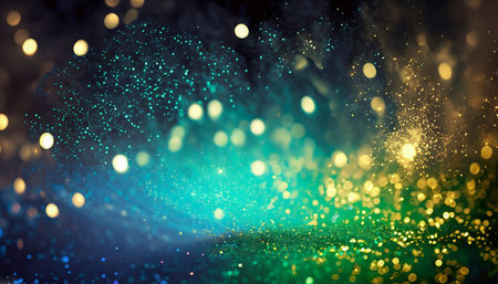abstract glitter vintage lights background. gold, green and blue. de-focusedの素材