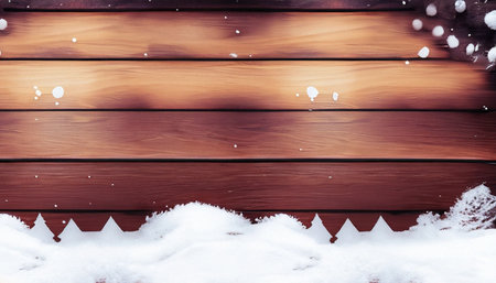 Wooden background with snow and snowflakes, christmas backgroundの素材