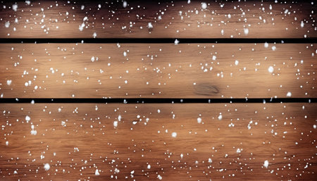 Wooden background with snowflakes and space for text or imageの素材