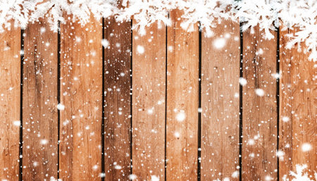 Wooden background with snow and snowflakes. Christmas background.の素材