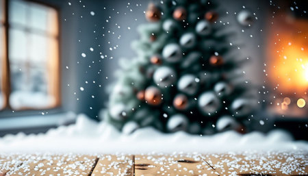 Christmas background with Christmas tree, snowflakes and bokeh lightsの素材