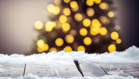 Wooden table against christmas tree in snowy landscape with bokehの素材