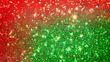 Christmas background with lights and snowflakes on red and green.の素材