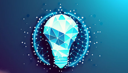 Abstract low poly light bulb on dark blue background with stars. Vector illustrationの素材