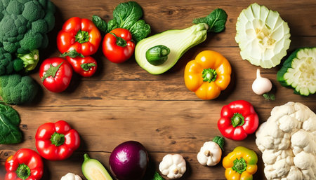 Fresh vegetables on wooden background, top view. Healthy food concept.の素材