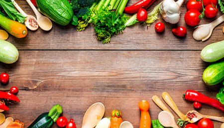 Collection of fresh vegetables on wooden background. Top view with copy spaceの素材